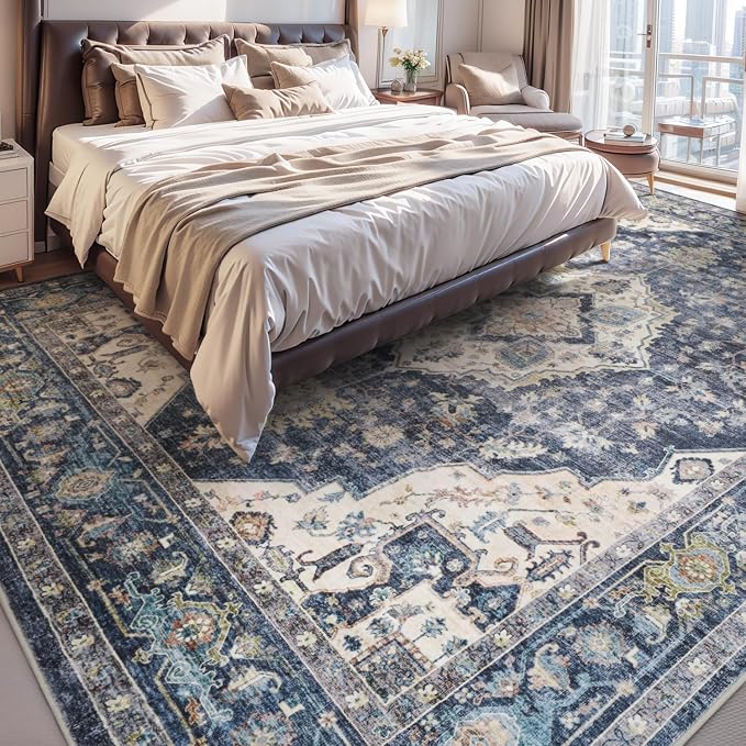 AMOAMI-Area Rug 9X12 Rugs for Living Room-Vintage Soft Blue Rugs for Bedroom-Non Slip Carpet-Washable Rug for Dining Room Living Room Bedroom Office Under Table