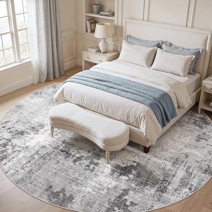 Abstract 12FT Round Rug: Machine Washable Non Slip Ultra Thin Low-Pile Carpet, Soft Stain Resistant for Living Dining Room Bedroom, Kid Pet Friendly, Robot Vacuum Compatible - Grey
