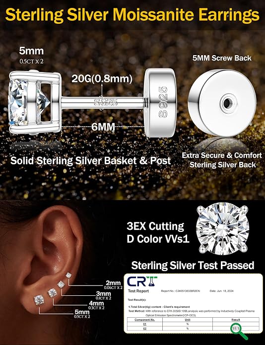 Moissanite Earrings for Men Women：Hypoallergenic Flat Back Earrings 925 Sterling Silver Stud Earring Small D Color VVS1 Moissanite 14K White Gold Plated Helix Cartilage Earring Studs Gift Jewelry