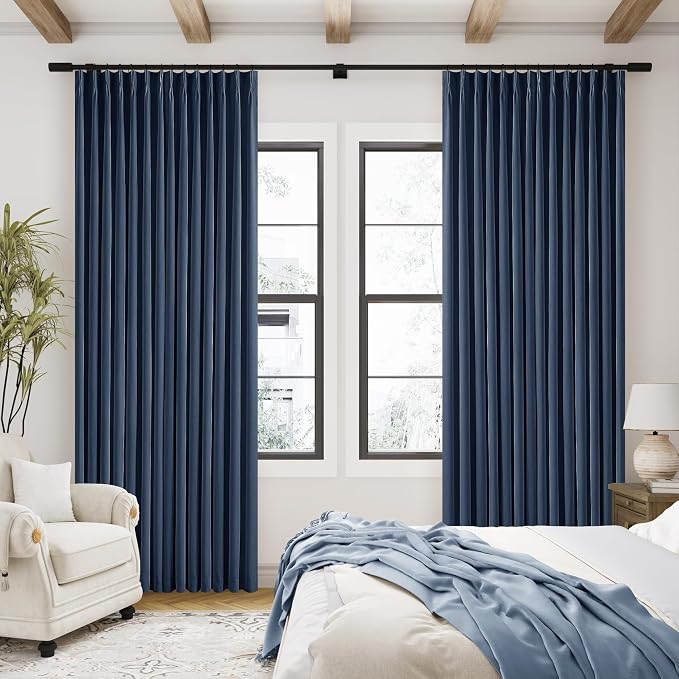 Dark Blue Pinch Pleated 100% Blackout Linen Bedroom Curtains 96 Inch Length | Double Layer Curtains, Pleat with Ring Hooks Back Tab, Black Out Room Darkening Drapes, for Living Room, Indigo Navy, 40x96