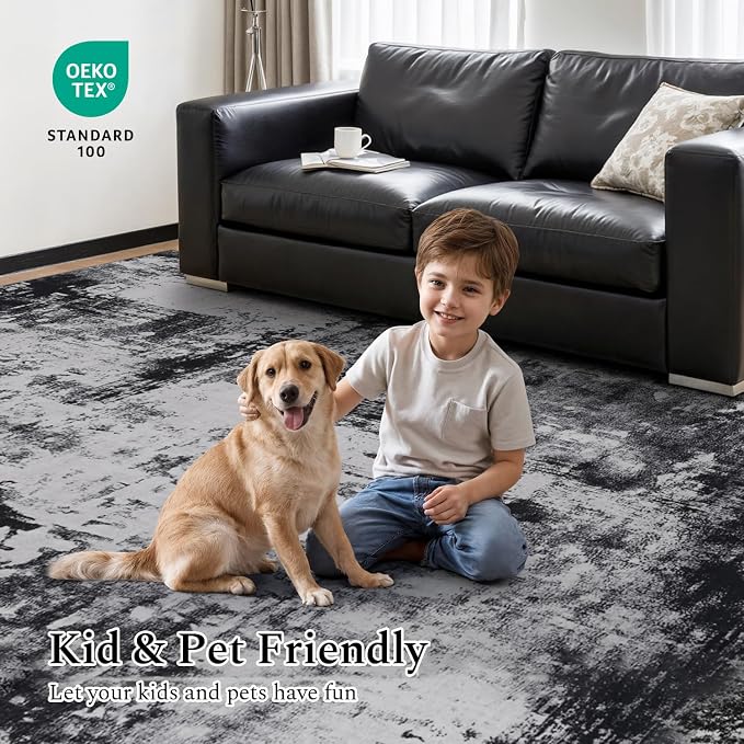 Rugflix Round Area Rugs 4Ft for Living Room, Washable Circle Rug Stain-Resistant Low Pile, Modern Dark Carpet for Bedroom Dining Room Home Office Kid Nursery Room, Black Grey