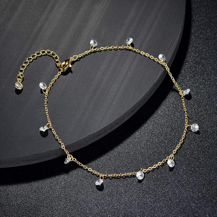 LOYATA Dainty Ankle Bracelet,14K Gold Plated Tiny Bead Anklet Dainty White Cubic Zirconia Cross Tassel Foot Chain Cute Lucky Moon Evil Eye Foot Jewelry Boho Anklets for Women