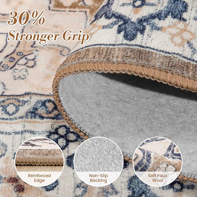 5x7 Washable Rugs, Area Rugs for Living Room, Bedroom, Kitchen, Vintage Boho Carpets, Soft Non-Slip Low Pile Large Area Rug for Dining Room Home Office Indoor Nursery, Brown Cream