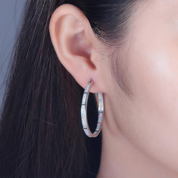 CiNily Opal Hoop Earrings,Women Jewelry Rhodium Plated/Rose Gold or Yellow Gold Plated Gemstone Big Hoop Earrings 32mm