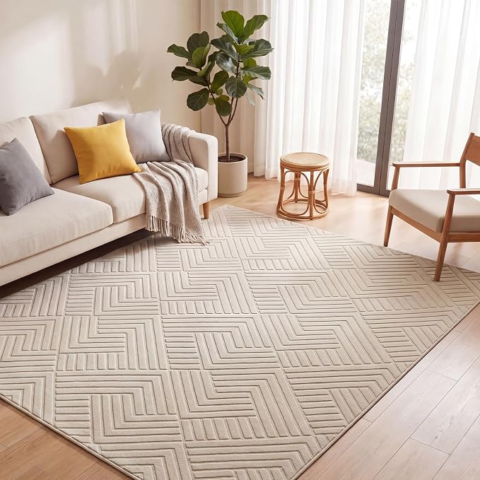 Bsmathom 9x12 Washable Area Rug, Boho Neutral Modern Soft Carpet Mat, Beige | Machine Washable, Low Pile Fluffy Plush, Non-slip, Geometric Textured, For Living Dining Kids Room Bedroom Indoor Dorm