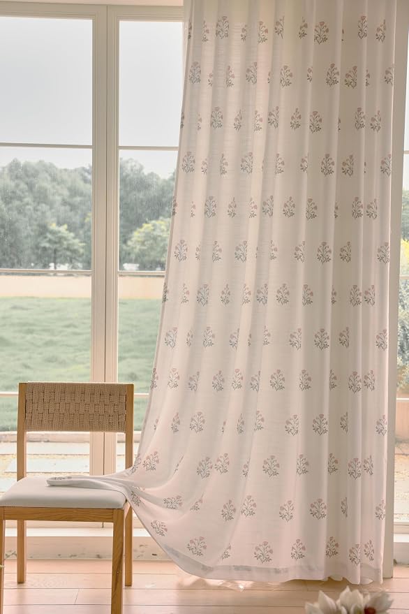 DrapePalette - Linen Blend Pinch Pleated Curtains 90 Inches Long for Living Room, Bedroom, Dining Room, Light Filtering Curtains 1 Panel Set, Modern Floral Printed Design, Beige White, 52" W x 90" L