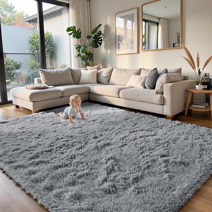 yongyangjuxin Fluffy Rug Shag Area Rug, Light Grey 10x14 Area Rugs for Bedroom, Super Soft Shag Rugs for Living Room Bedroom Room Home Decor, Upgrade Anti-Skid Rectangular Fuzzy Rug