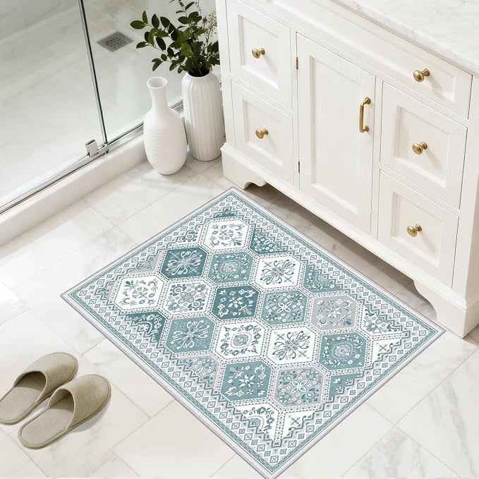 2x3 Washable Entryway Rugs, Soft Non-Slip Boho Moroccan Rug, Low-Pile Printed Indoor Teal Throw Rugs for Entrance, Kitchen, Bedroom Bedside- Teal | Soft Low-Pile Printed Indoor Teal Throw Rugs for Entrance, Kitchen, Bedroom Bedside