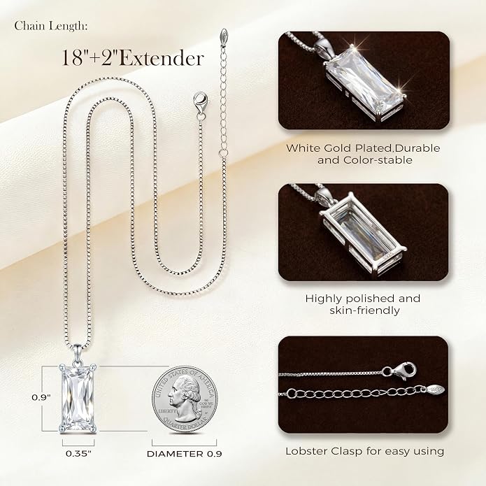 8mm x 16mm Square Birthstone Pendant Necklace – Fashion charming Sterling Silver Gift for women