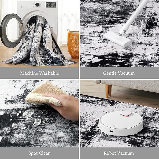 Rugflix 3x5 Entrance Rugs, Entry Rug Washable Non-Slip Stain-Resistant Low Pile, Small Modern Dark Carpet for Living Room Bedroom Indoor, Black Grey