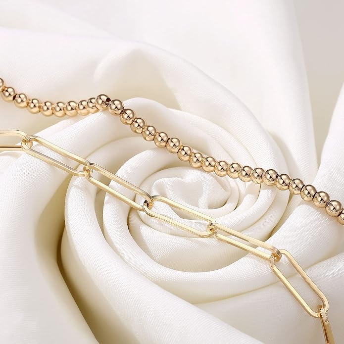 Dainty Gold Bracelets for Women, 14K Gold Plated Adjustable Layered Beads Bracelet Cute Evil Eye Oval Chain Pearl Bar Turtle Gold Bracelets for Women Jewelry