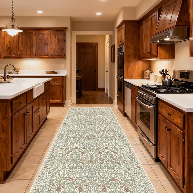 Washable 2'6" x 10' Runners for Hallways, Non Slip Long Floor Runner for Kitchen, Entryway Indoor, Stain Resistant Rubber Backing Floral Decor Rug (Light Green)