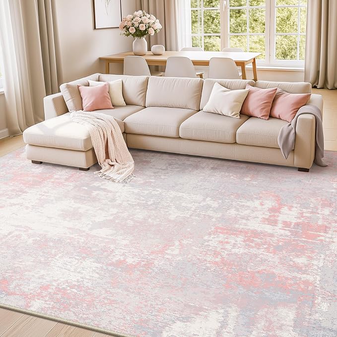 RELEANY Washable Area Rugs 5'x8' Non-Slip Modern Abstract Soft for Living Room Entryway Bedroom Kitchen, Print Pattern, Grey Pink