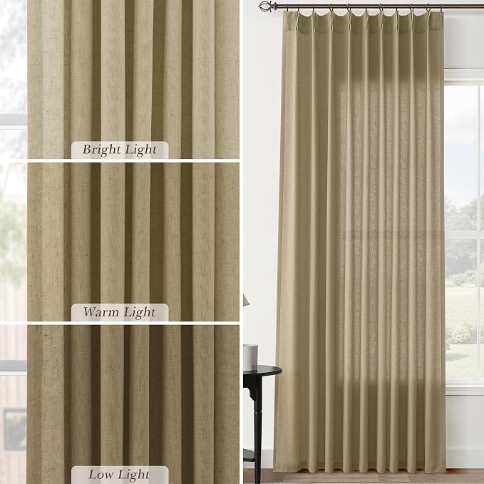 Aersas Linen Brown Pinch Pleated Linen Curtains 96 Inch Length 2 Panels for Living Room Bedroom Semi Sheer Window Curtain Boho Neutral Back Tab Pinch Pleat Drape with Hooks 40x96
