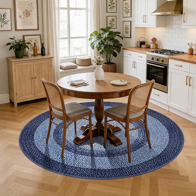 Modern Bordered Round Area Rug 4ft Washable Bedroom Circle Rugs Non Slip Stain Resistant Dining Room Round Throw Carpet Contemporary Circle Mats for Living Room Kitchen Nursery, Navy