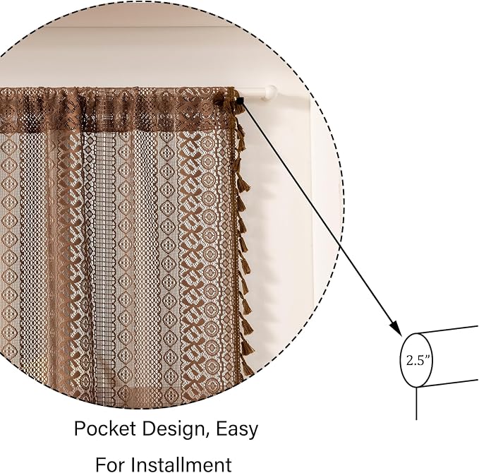 Sutuo Home Caramel Door Window Curtains for Drapery Glass & Sidelights, Boho French Country Style Tassels Vintage Drapes for Front Door Patio Decor, Rod Pocket 2 Panels 25" W x 40" L Dark Coffee