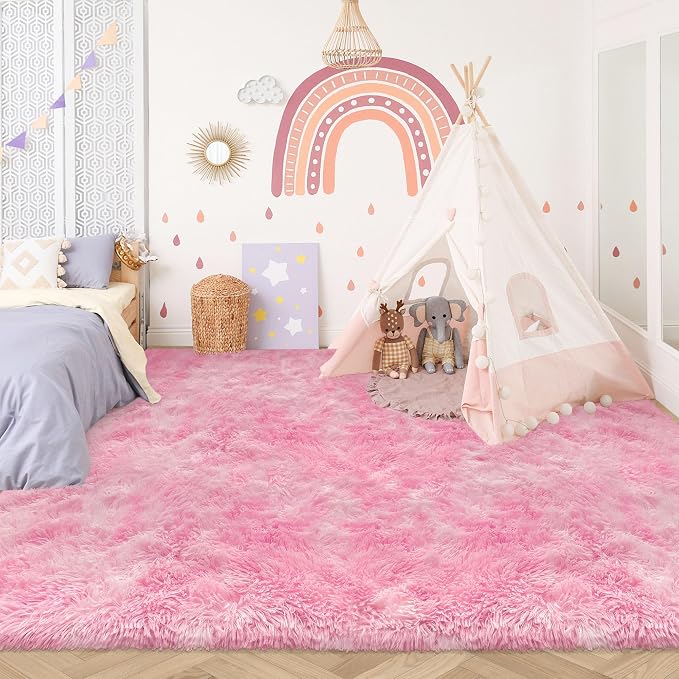 8x10 Pink Area Rugs for Bedroom Girls Room, Tie-Dyed Fluffy Pink Rug for Bedroom Living Room Big Shag Carpet, Ultra Soft Plush Thick Furry Rug Non Slip for Girls Kids Nursery Room Dorm