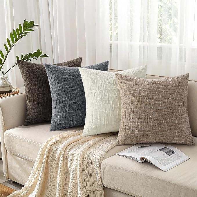 decorUhome Textured Chenille Throw Pillow Covers 18x18 Set of 2 Oatmeal | Fall Modern Farmhouse Soft Cozy Slubby Couch Pillow Cases Boho Decorative Pillow Cases for Bed Sofa Living Room Home Decor