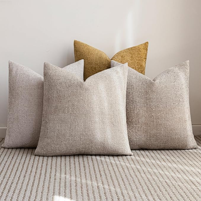 18x18 Chenille Throw Pillow Covers, Pack of 4, Neutral Beige/Yellow Series
