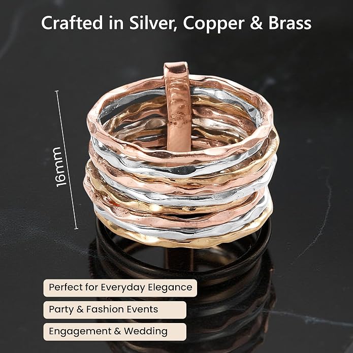 PHNX Two-Tone Stacking Ring for Women | Real Sterling Silver Ring| Hammered Finish Design | Elegant Boho Chic Jewelry | Perfect for Daily Wear, Special Occasions