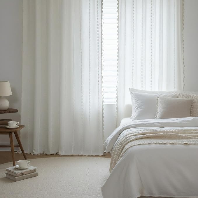 ColorBird White Boho Linen-Textured Curtains Floor to Ceiling Sliding Doors 96 Inches Light Filtering Farmhouse Whimsical Embroidered Striped Drapes for Living Dining Nursery Bedroom Window Treatment