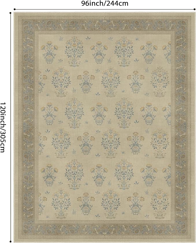 GENIMO 8x10 Vintage Floral Area Rug, Soft Microfiber Washable Rug with Non-Slip Backing, Brown Carpet for Living Room, Bedroom and Dining Room