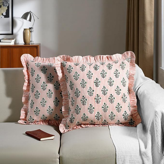 Ridhi Block Print Salmon Blossom Throw Pillow Cover 20" x 20" (Pack of 2) Decorative Cushion Covers with Ruffle for Couch, Sofa, Bed, Living Room, Home Decor Gift for Spring, Easter, Valentine