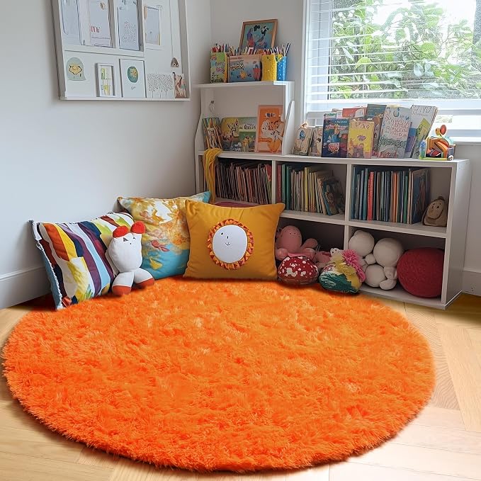 Amdrebio Orange Round Circle Rug 5Ft for Bedroom Living Room, Fluffy Fuzzy Shaggy Area Rugs for Kids Room Decor Aesthetic, Cute Furry Plush Shag Carpet for Baby Nursery Dorm Playroom, Teen Girls Boys