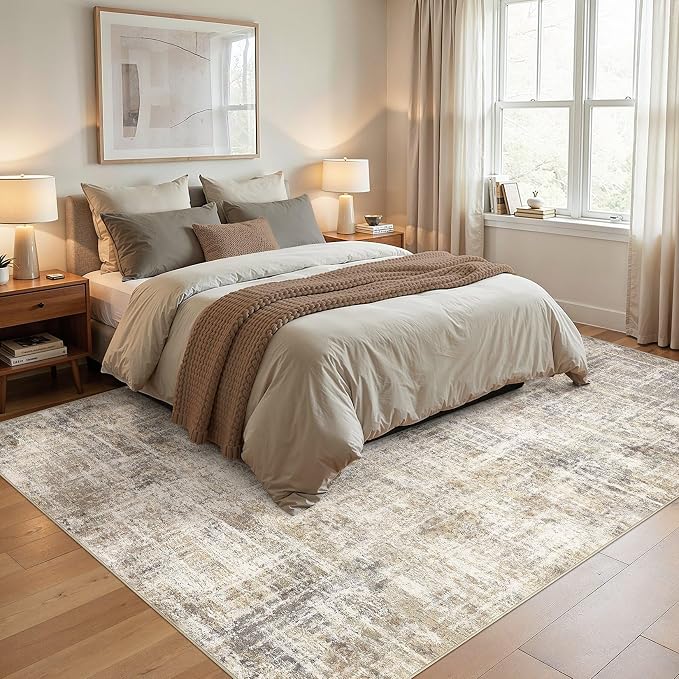 cotiled Washable 8x10 Area Rug for Living Room - Modern Abstract Carpet with Non-Slip Backing, Low Pile & Soft, Stain Resistant, Kid & Pet Friendly Decor for Bedroom & Dining Room - Gold Brown
