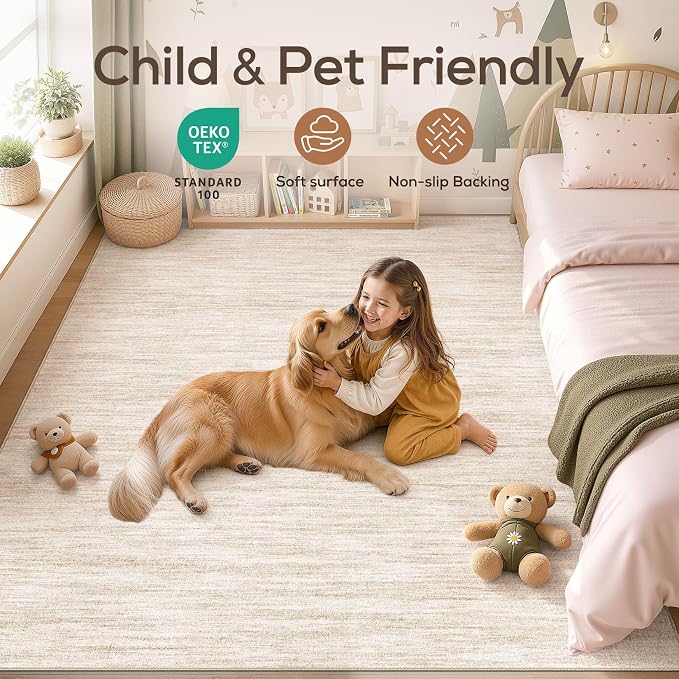 Nakagishi 6X8 Area Rugs Living Room: Washable Large Vintage Rug Neutral Non-Slip Soft Stain Resistant Indoor Carpet for Bedroom Nursery Dining Room Office Playroom - Beige