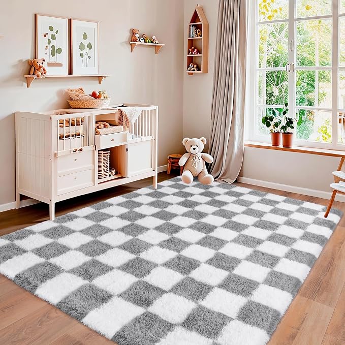 Pionblank Fluffy Area Rug for Bedroom 5x7, Modern Indoor Shag Carpet, Soft Plush Non Slip Checkered Rugs for Living Room Kids Room Home Decor, Grey and White