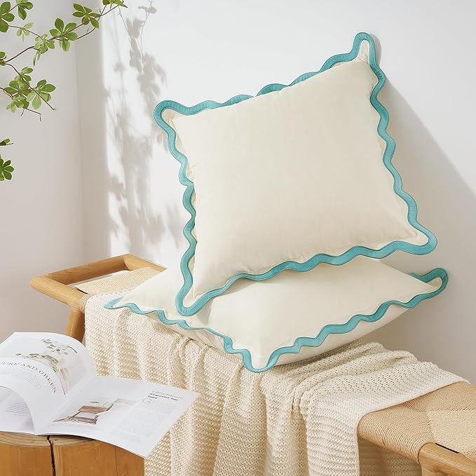 MONDAY MOOSE Decorative Throw Pillow Covers Cushion Cases, Set of 2 Soft Velvet Scalloped Wavy Edge Designs, Mix and Match for Home Decor, Pillow Inserts Not Included (20x20 inch, White/Light Blue)