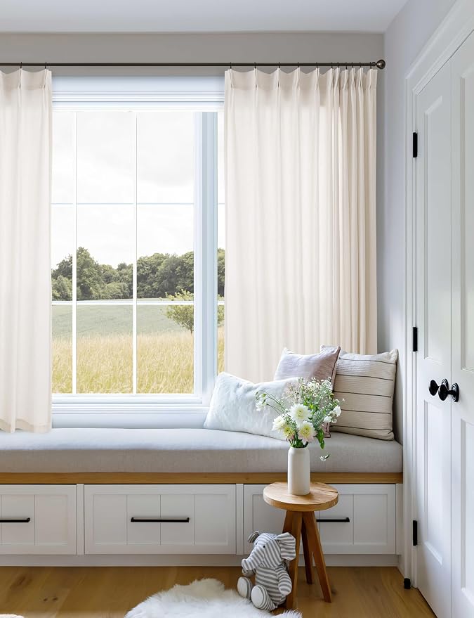 Natural Pinch Pleated Linen Curtains 72 Inches Long 72 Inch Wide | Semi Sheer Light Filtering, Shower Curtain 72x72, for Living Room Bathroom Bath, Boho Neutral, Pinch Pleat Drape, Hooks Rings