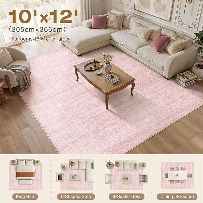 Nakagishi 10X12 Area Rugs Living Room: Washable Large Vintage Rug Neutral Non-Slip Soft Stain Resistant Indoor Carpet for Bedroom Nursery Dining Room Office Playroom - Pink