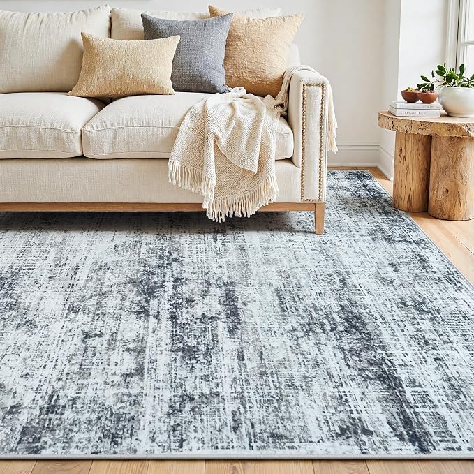 10x12 Area Rugs Washable Rug: Anti-Skid Abstract Modern Living Room Rug Soft Thin Carpets Indoor Floor Non-Shedding Carpet for Bedroom Dining Farmhouse Nursery Home Office (Black/Grey/White,10'x12')
