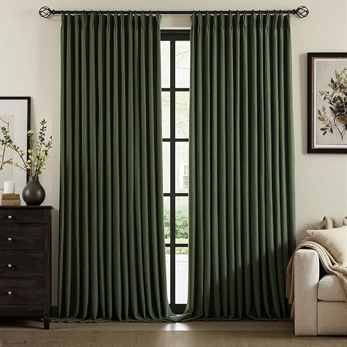 IVAPUPU Linen Pinch Pleated Blackout Curtains for Bedroom - Full Black Out Green Curtains 95 Inch Long 2 Panel for Living Room Darkening Thermal Window Curtain Drapes for Christmas Decor