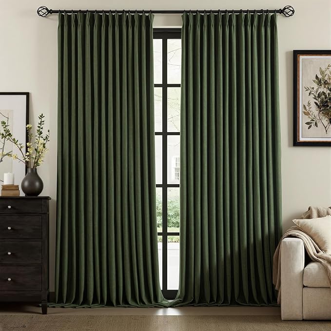 IVAPUPU Linen Pinch Pleated 100% Blackout Curtains for Bedroom - 2 Pages Black Out Green Curtains 108 Inch Long 2 Panel for Living Room Darkening Thermal Window Curtain Drapes with 16pc Hooks