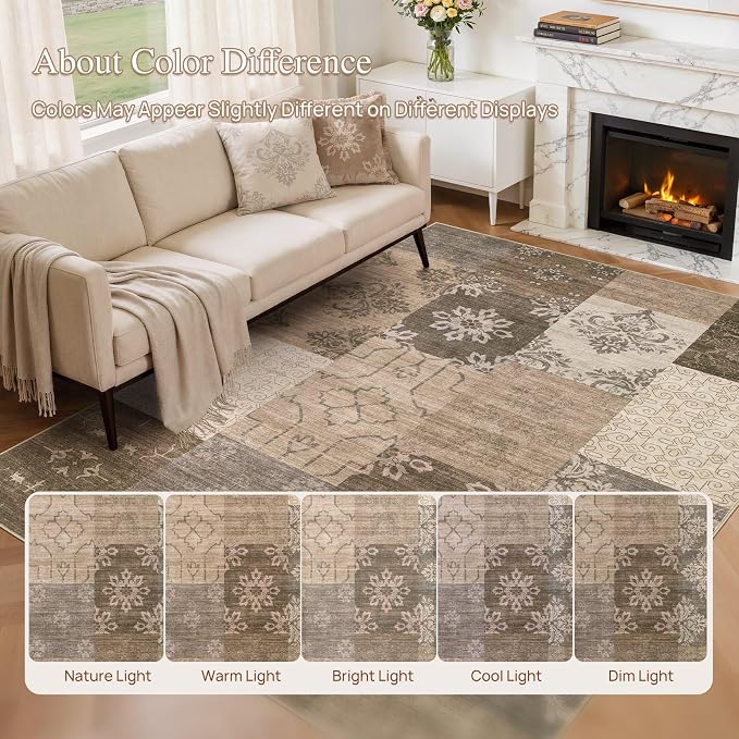 UERMEI 5x7 Area Rug for Living Room, Washable Brown Modern Geometric Patchwork Non Slip Stain Resistant Low Pile Foldable Carpet for Bedroom Dining Farmhouse Home Office