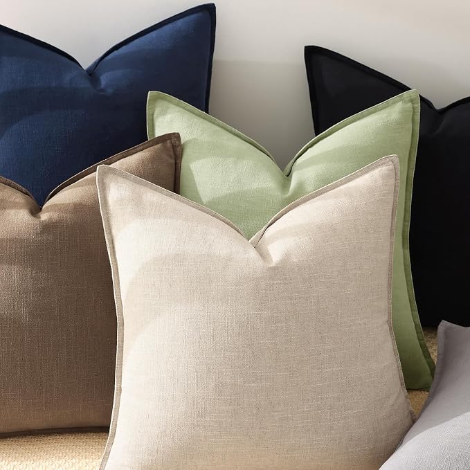 decorUhome Fall Light Brown Linen Throw Pillow Covers 16x16 Set of 2 | Decorative Soft Cozy Modern Farmhouse Boho Accent Pillow Cases with Flange Edges for Couch Bed Sofa Living Room Home Decor