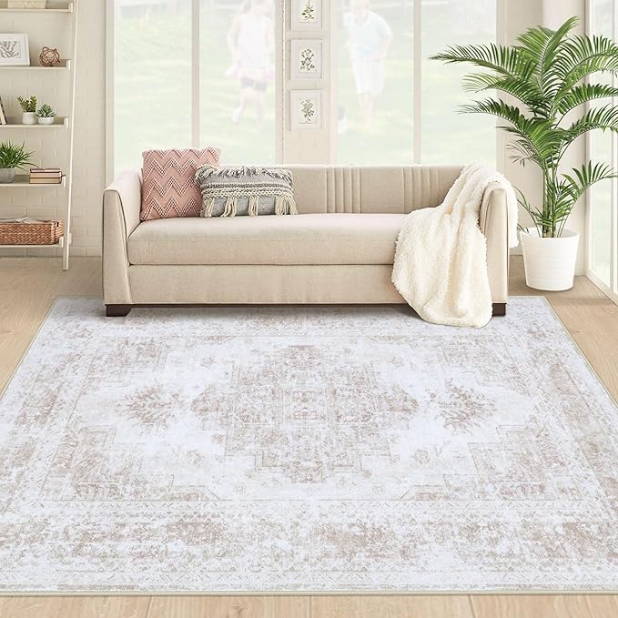 XLUEZ Area Rug 4x6 Vintage Rug, Machine Washable Vintage Distressed Medallion Rug Non-Slip Soft Low Pile Large Indoor Rugs for Bedroom Kitchen Dining Room Office(Beige,4'x6')