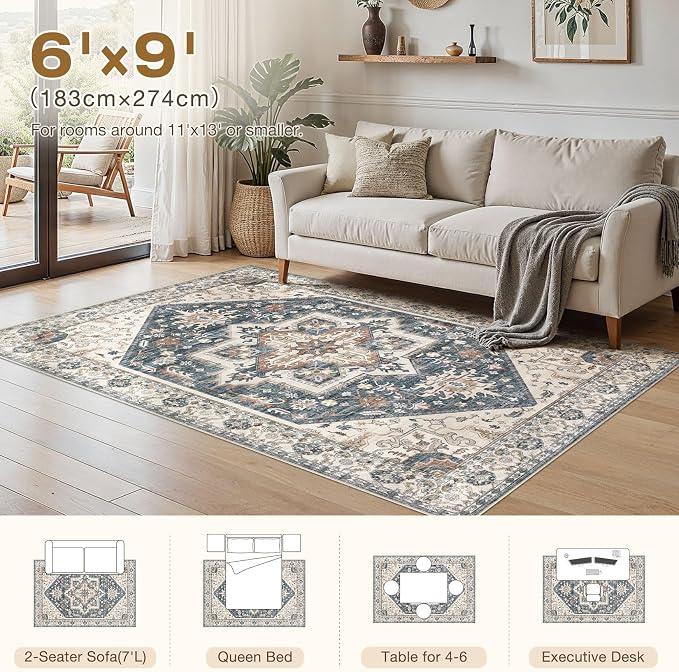 Area Rug for Living Room - 6x9 Washable Oriental Vintage Floral Distressed Large Soft Carpet - Fade Stain Resistant Non Slip Rugs for Bedroom Dining Room Nursery Dorm Office Home Decor - Vintage Blue