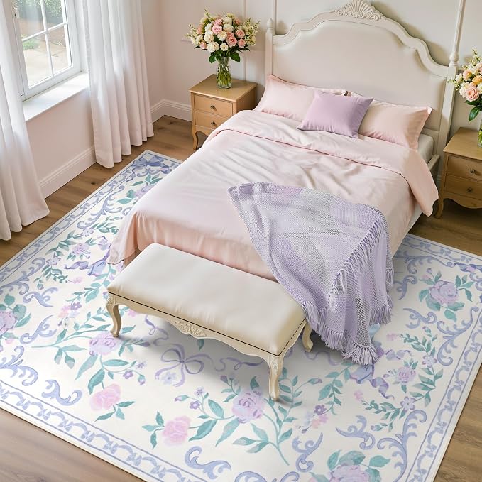 Collive Purple 8X10 Rugs for Living Room, 8x10 Bow and Floral Washable Area Rug Non Slip, Soft Boho Indoor Decor Elegant Carpet for Bedroom Kids Room Nursery Dining Room