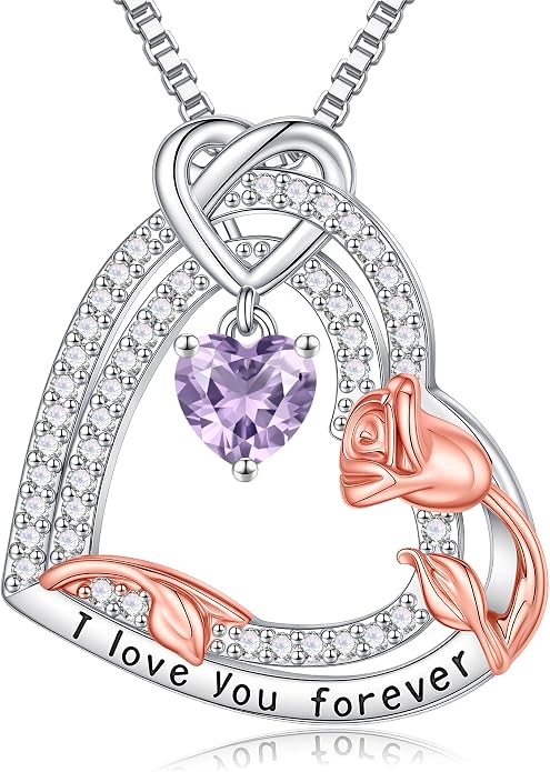 Gifts for Mom 925 Sterling Silver Birthstone Necklace for Women, Heart & Rose Design Birthday Gifts for Mom Wife Her