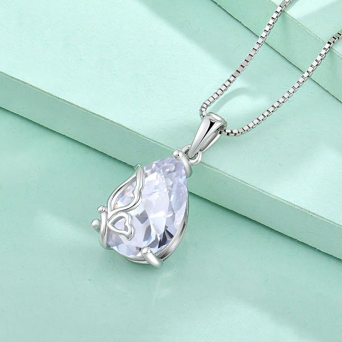 Teardrop Necklace 925 Sterling Silver Butterfly Pendant Necklace Birthstone Jewelry for Women
