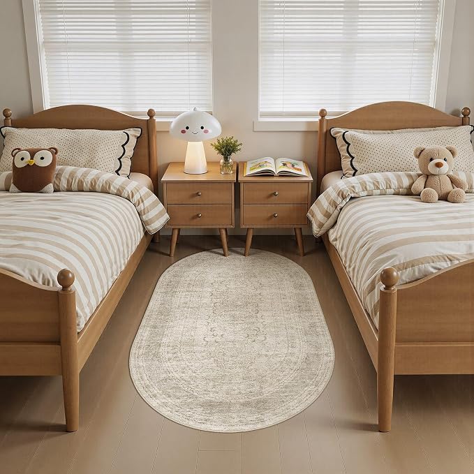 Nakagishi Oval Rugs for Entryway: Washable Non-Slip Neutral 3x5 Area Rug for Kitchen, Pet Friendly, Soft Stain Resistant Low Pile Oval Carpet for Bedroom