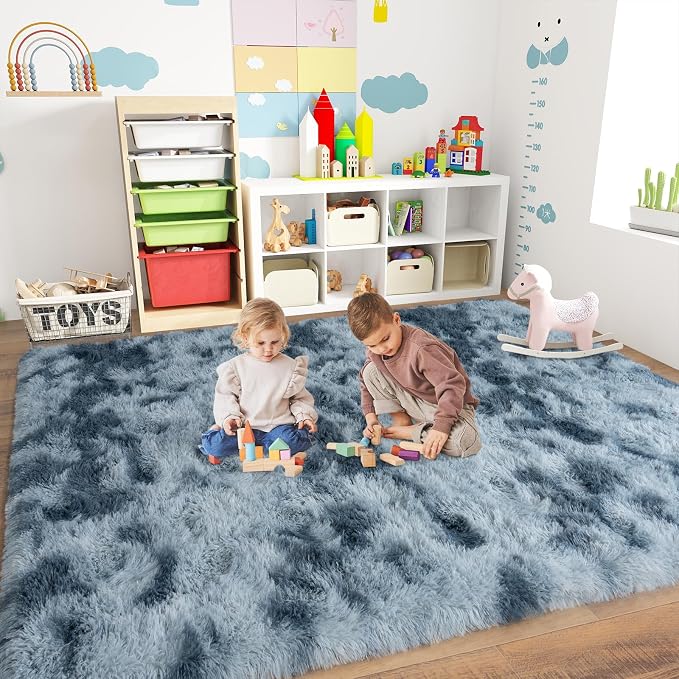 5x7 Area Rugs for Living Room, Dark Blue Tie-Dyed Plush Fluffy Carpet | Upgrade Non-Slip Thick Large Blue Area Rug for Nursery Kids Room Dorm Room Home Decor, Indoor Plush Floor Carpet