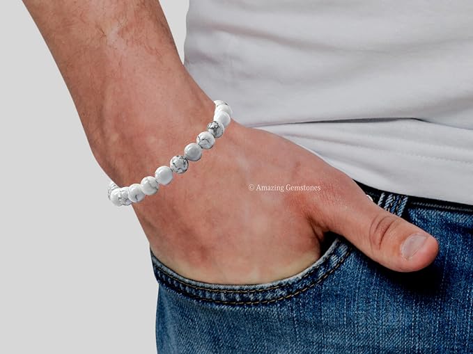 Amazing Gemstone Howlite Bracelet, Gifts for Men & Women - Protection Healing Crystal Bracelet - 8mm Gemstone Beaded Adjustable Bracelet, Pulseras para Hombres Mujer Stocking Stuffers