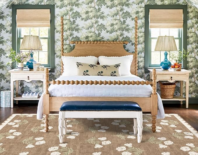 Boho 5x8 Living Room Rug - Tan Soft Washable Floral Scalloped Bedroom Area Rug Stain Resistant Dining Room Rugs for Under Table Non Slip Vintage Farmhouse Rugs for Living Room Nursery Carpet