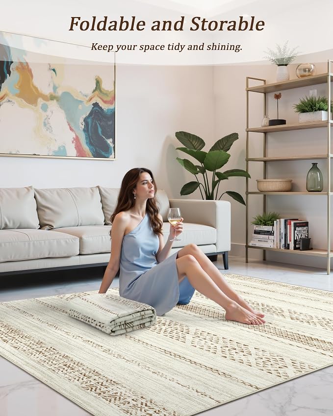 Miukiki 5x7 Area Rug for Living Room Moroccan Washable Rugs Non Slip Indoor Floor Carpet Foldable Large Soft Area Rug for Dining Room Bedroom with Low Pile(Brown,5'x7')