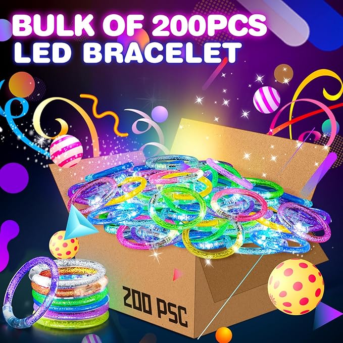 200 Pcs Glow Bracelets, Led Bracelet Glow in the Dark Party Supplies, Rave Trinkets, 6 Colors Light Up Bracelets Bulk with 3 Flashing Modes,Party Favors for Kids & Adults Birthday, New Year, Concert